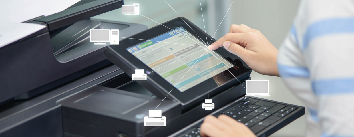 Business woman is using the printer to scanning document to network folder with icon of printer and computer 